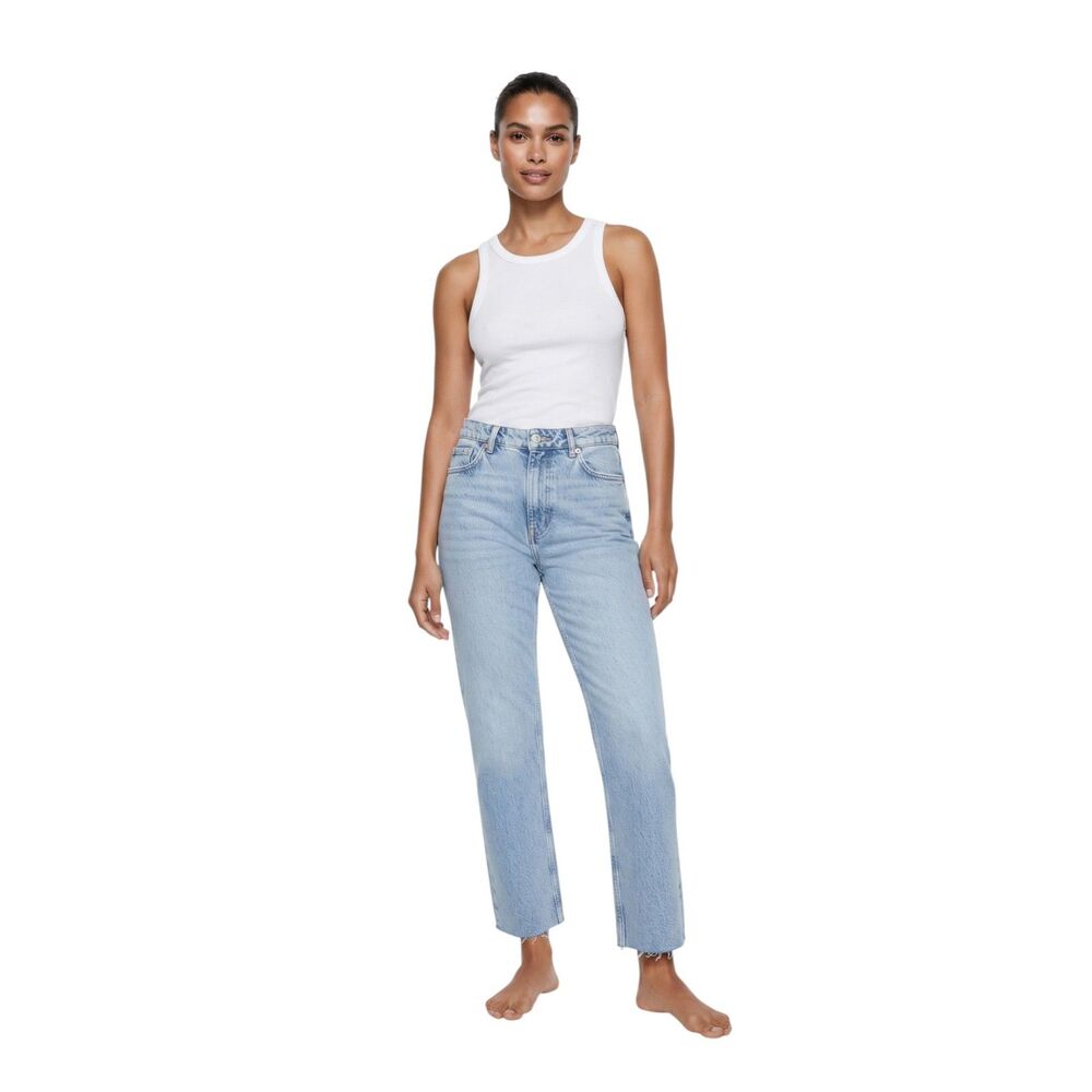 ZARA High-Rise Straight Blue Jeans Raw Hem Button Fly Sz 4